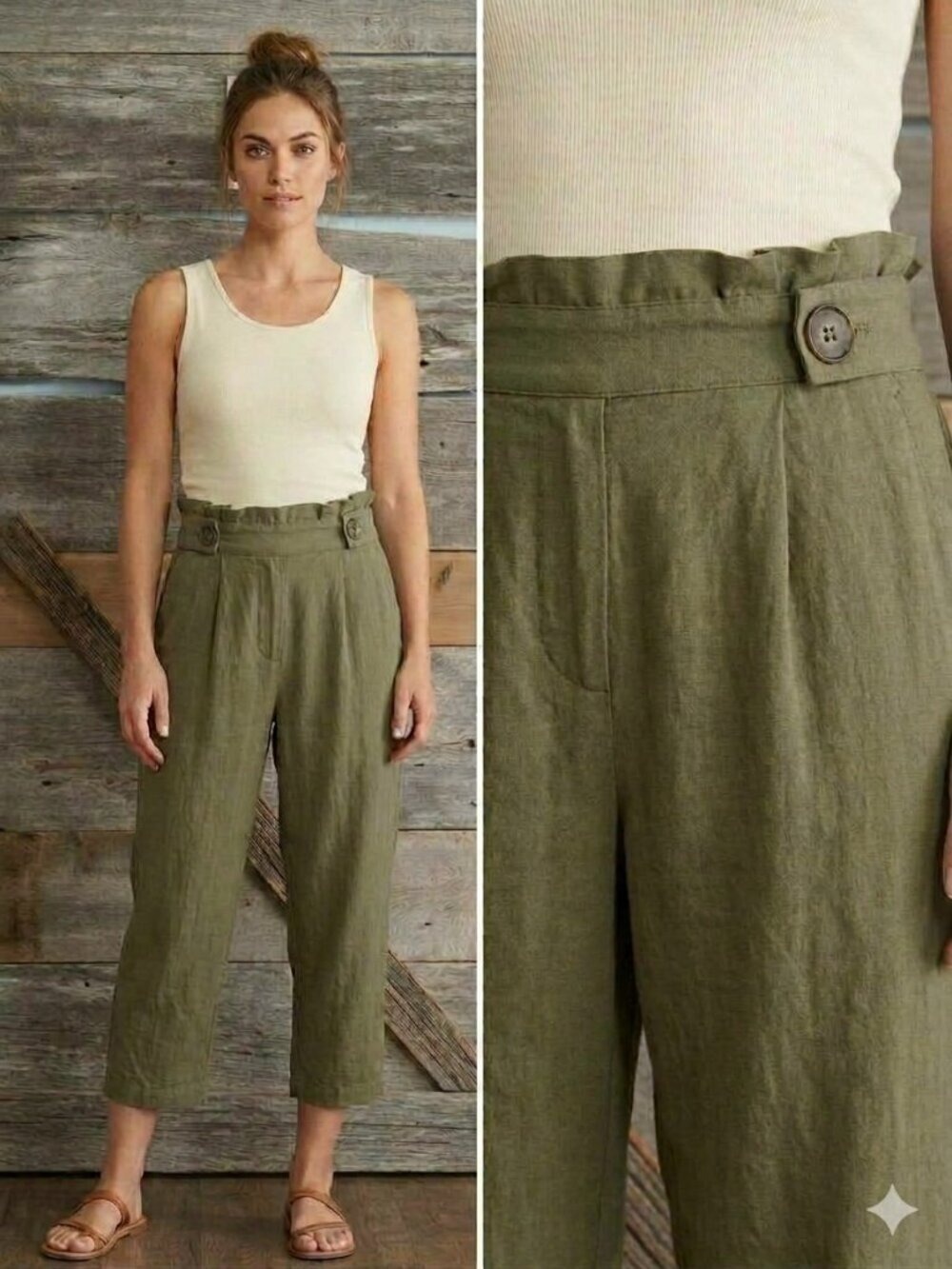 𝅺suzy Shier Size Small Green Paperbag Waist Capri Pants